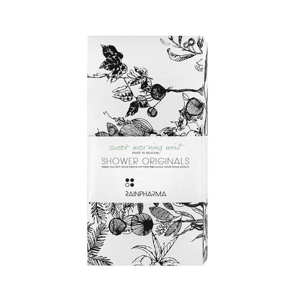 Boîte blanche avec motif floral et texte : "sweet morning mint", "SHOWER ORIGINALS", "RAINPHARMA".
