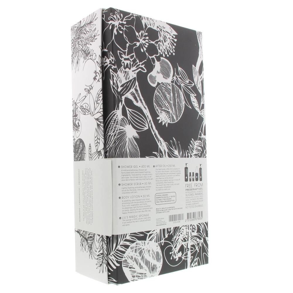 Dos de l'emballage avec motif floral. Texte : "SHOWER GEL", "AFTER OIL", "BODY LOTION".
