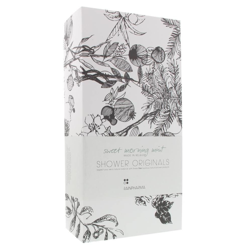 Boîte blanche avec motif floral et texte : "sweet morning mint", "SHOWER ORIGINALS", "RAINPHARMA".