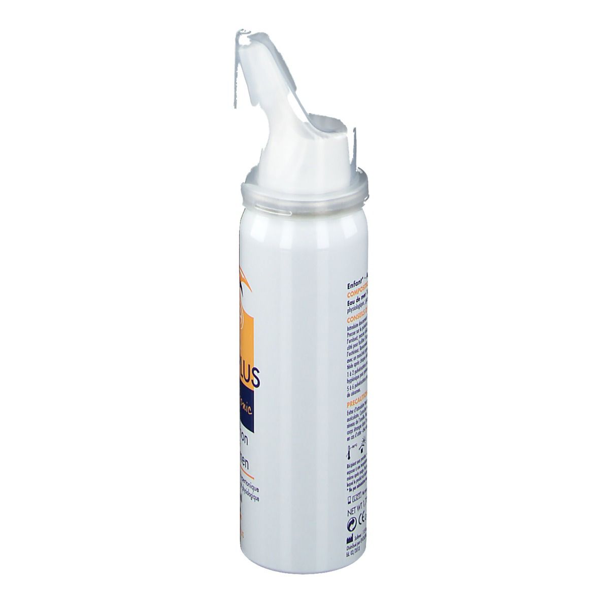 Spray blanc avec embout. Vue latérale. Nom du produit et logo imprimés.