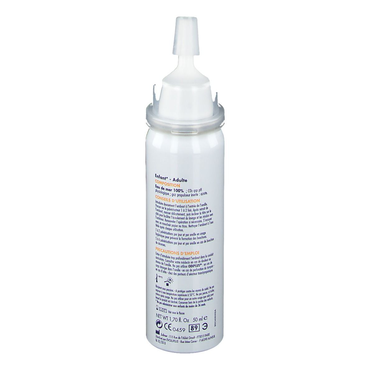 Spray blanc avec embout. Dos avec texte. Nom du produit et logo imprimés.