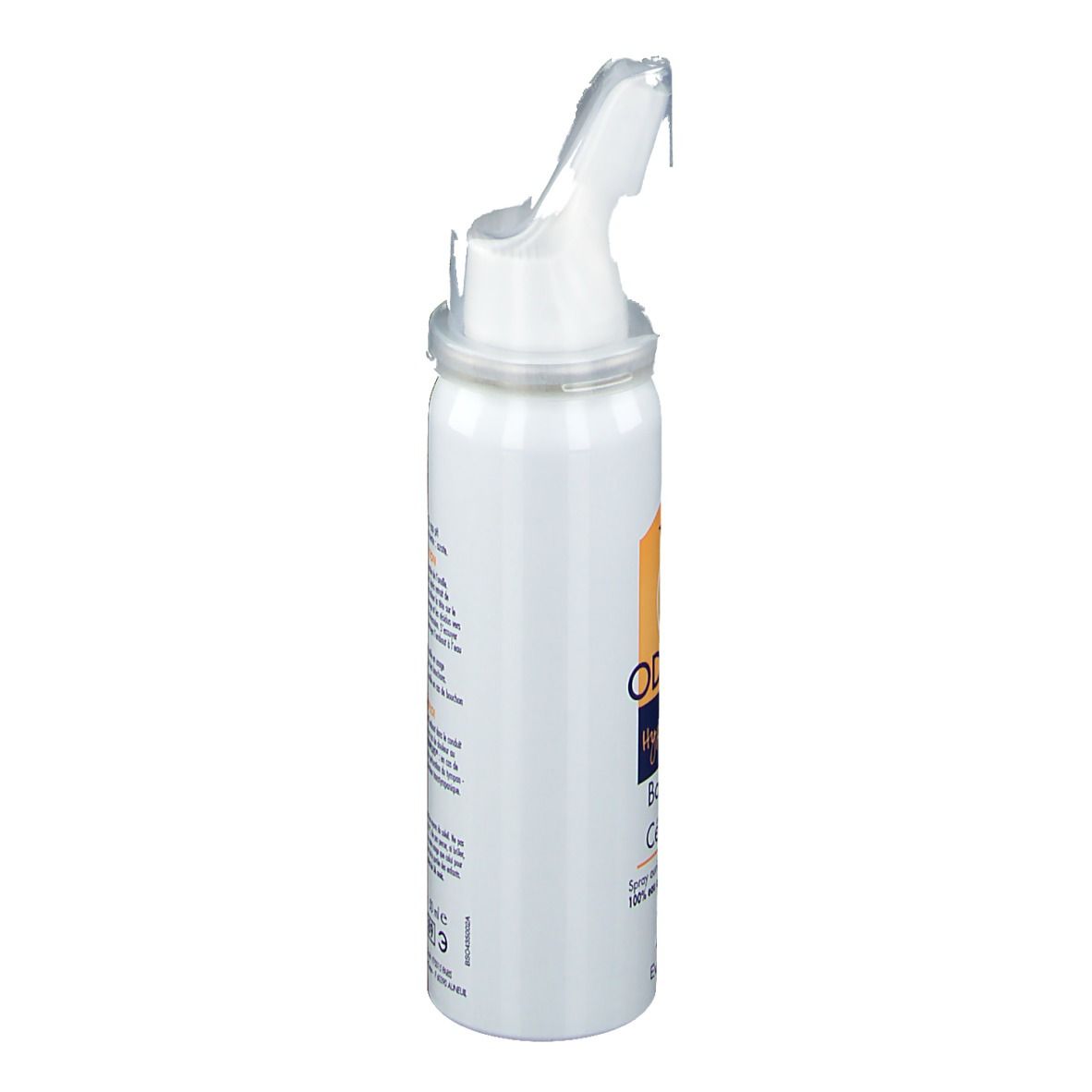 Spray blanc avec embout. Vue latérale. Nom du produit et logo imprimés.