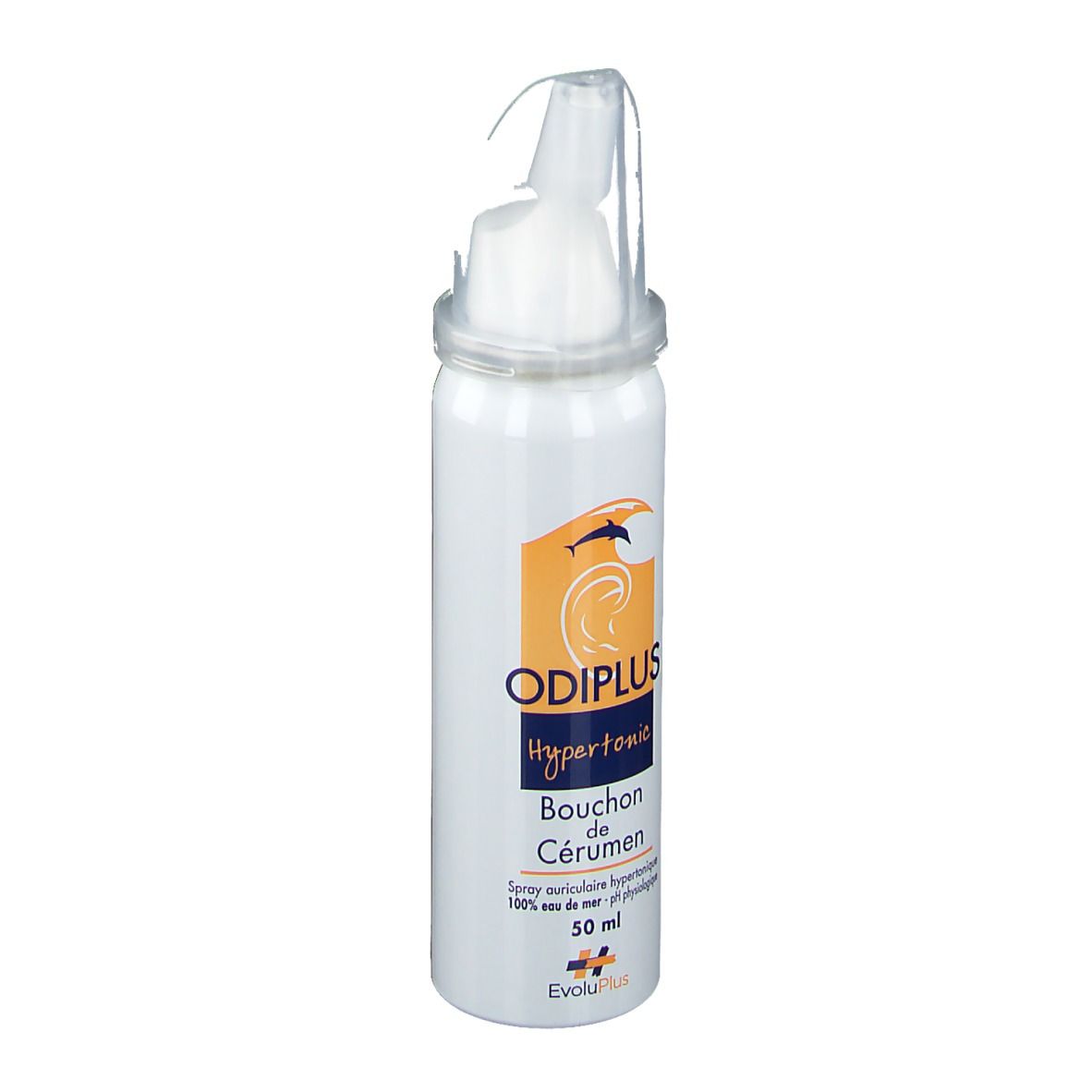 Spray blanc avec embout. Inscription du nom du produit et logo. Contient 50 ml.