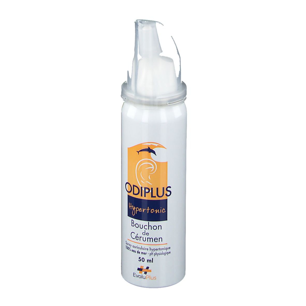 Spray blanc avec embout. Inscription du nom du produit et logo. Contient 50 ml.