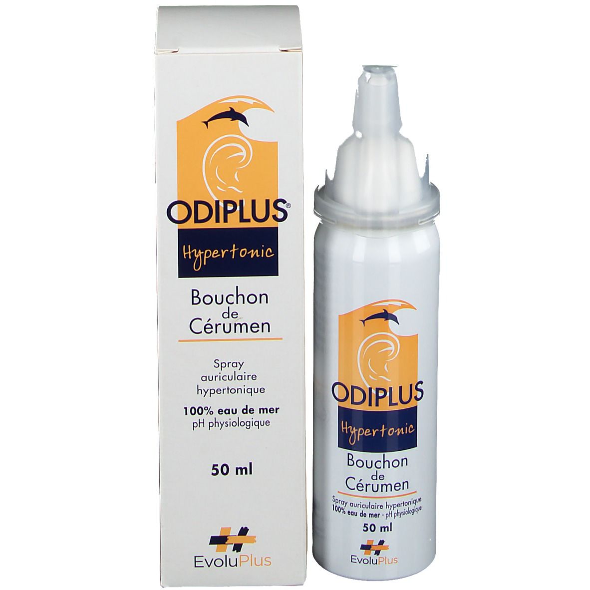 Produit et emballage. Spray blanc et carton. Nom du produit et logo imprimés.