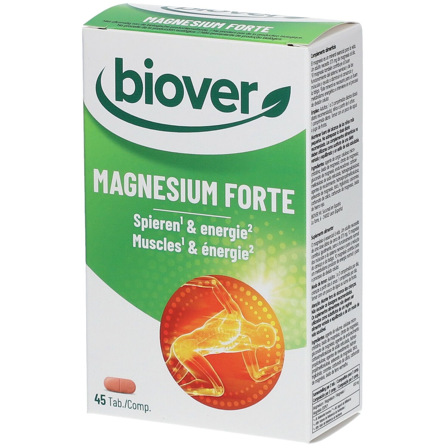 Doos "biover Magnesium forte". Groen-wit ontwerp. 45 tabletten. Tekst: Spieren & energie. Illustratie van een lichaam.