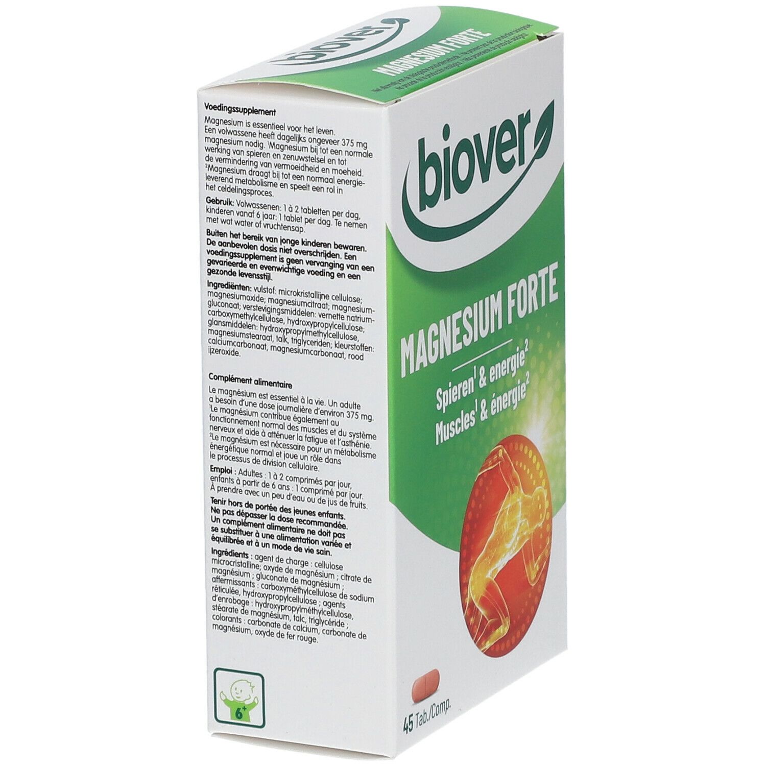 Doos "biover Magnesium forte". Groen-wit ontwerp. 45 tabletten. Tekst: Spieren & energie. Illustratie van een lichaam.