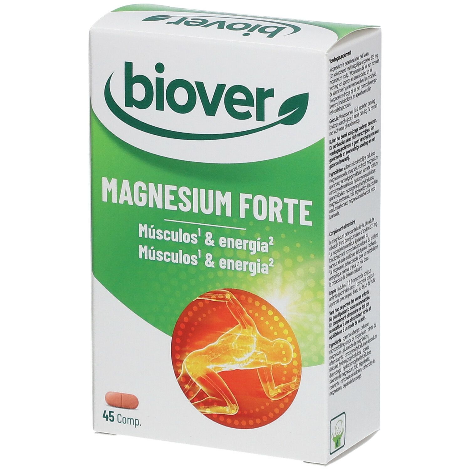 Doos "biover Magnesium forte". Groen-wit ontwerp. 45 tabletten. Tekst: Spieren & energie. Illustratie van een lichaam.
