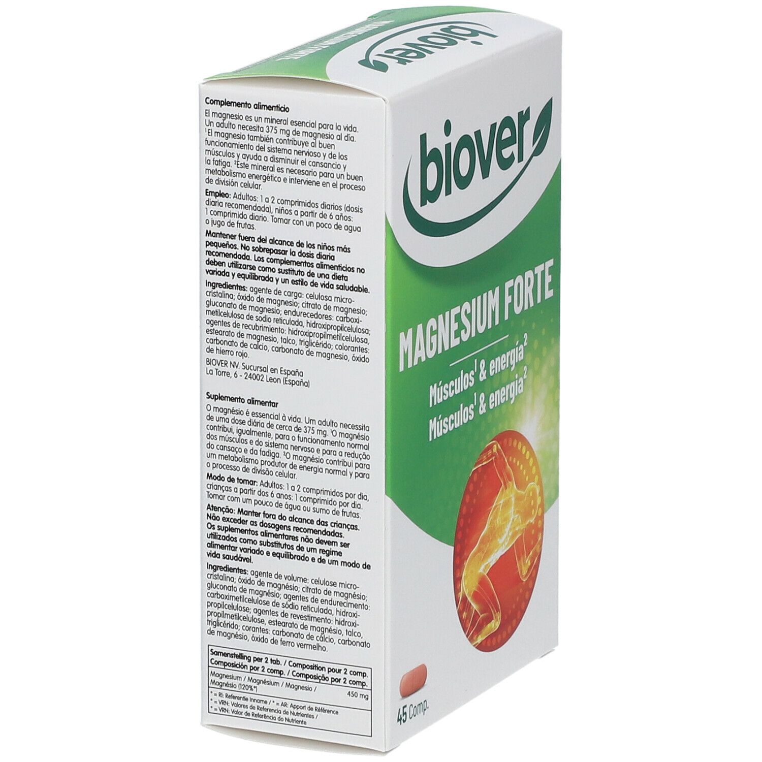 Doos "biover Magnesium forte". Groen-wit ontwerp. 45 tabletten. Tekst: Spieren & energie. Illustratie van een lichaam.