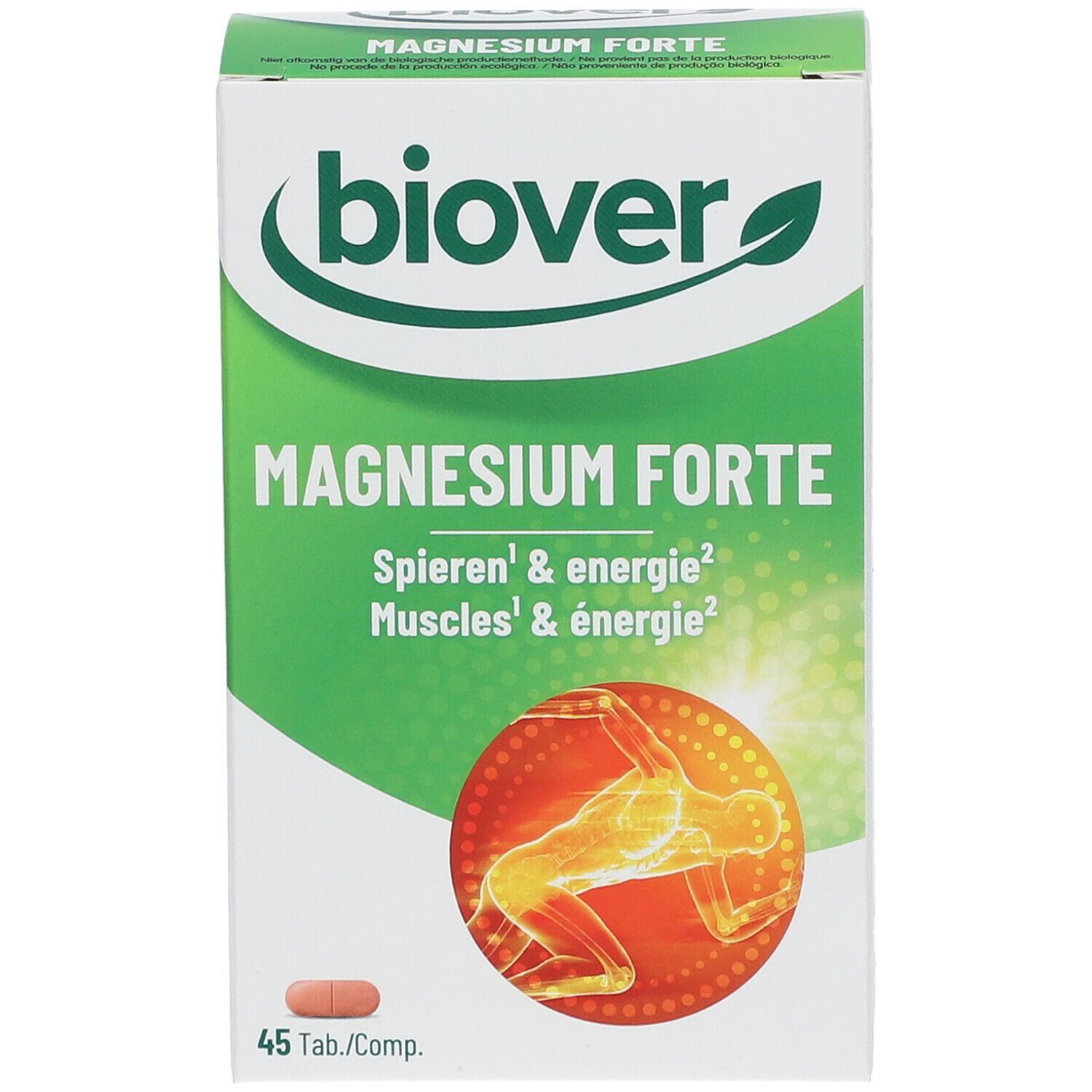 Doos "biover Magnesium forte". Groen-wit ontwerp. 45 tabletten. Tekst: Spieren & energie. Illustratie van een lichaam.