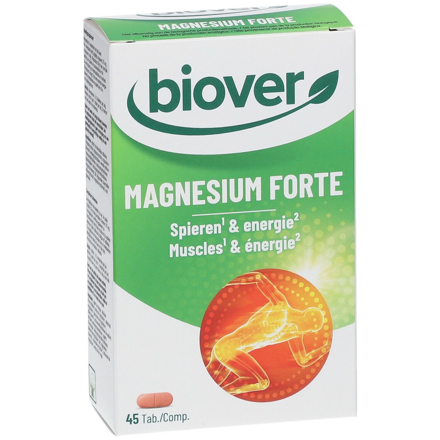 Doos "biover Magnesium forte". Groen-wit ontwerp. 45 tabletten. Tekst: Spieren & energie. Illustratie van een lichaam.