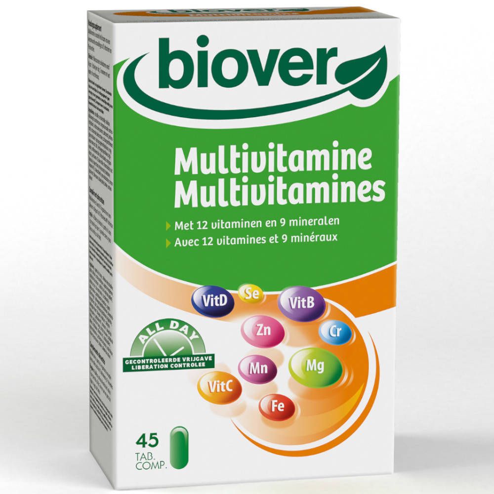 Boîte de Biover Multivitamina All Day. Contient 45 comprimés. Inscription: Multivitamines, 12 vitamines et 9 minéraux.