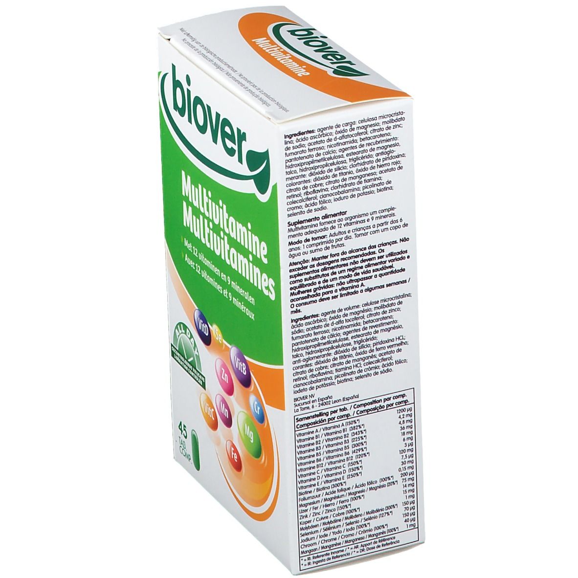 Vue latérale de la boîte Biover Multivitamina All Day. Contient 45 comprimés. Texte: Multivitamines, 12 vitamines et 9 minéraux.