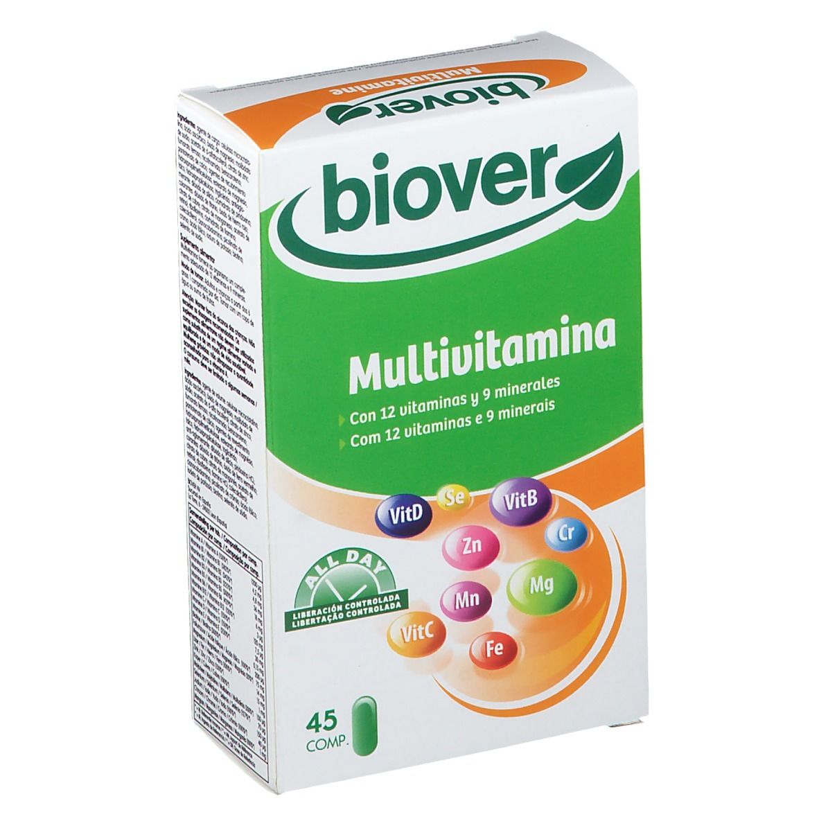 Boîte Biover Multivitamina All Day. Contient 45 comprimés. Inscription: Multivitamina, 12 vitamines et 9 minéraux.