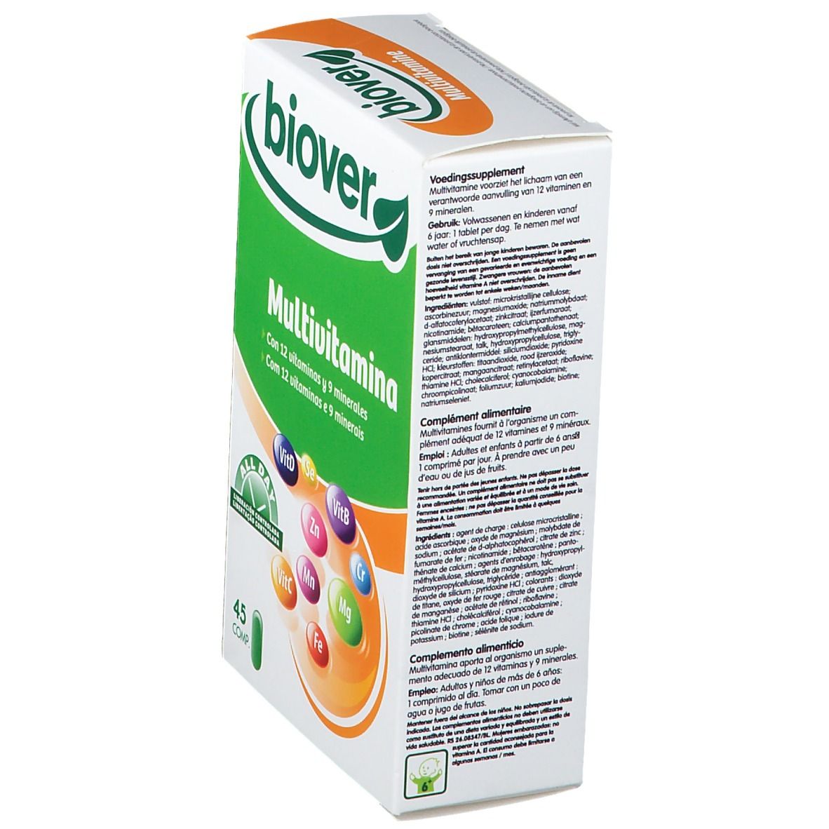 Vue latérale de la boîte Biover Multivitamina All Day. Contient 45 comprimés. Texte: Multivitamina, 12 vitamines et 9 minéraux.
