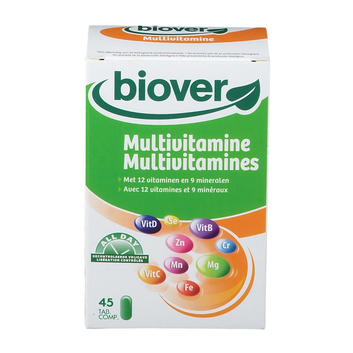 Boîte Biover Multivitamina All Day. Contient 45 comprimés. Inscription: Multivitamines, 12 vitamines et 9 minéraux.