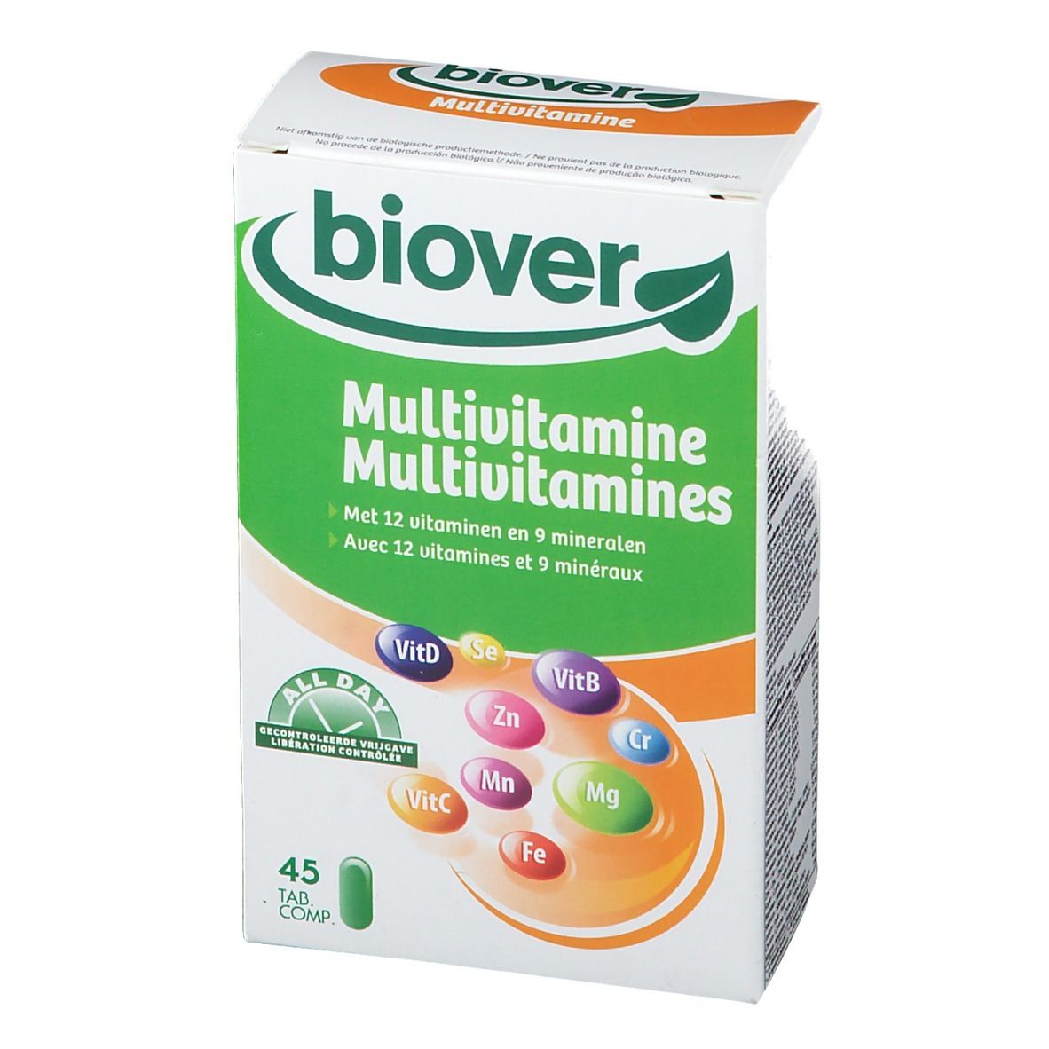 Vue latérale de la boîte Biover Multivitamina All Day. Contient 45 comprimés. Texte: Multivitamines, 12 vitamines et 9 minéraux.