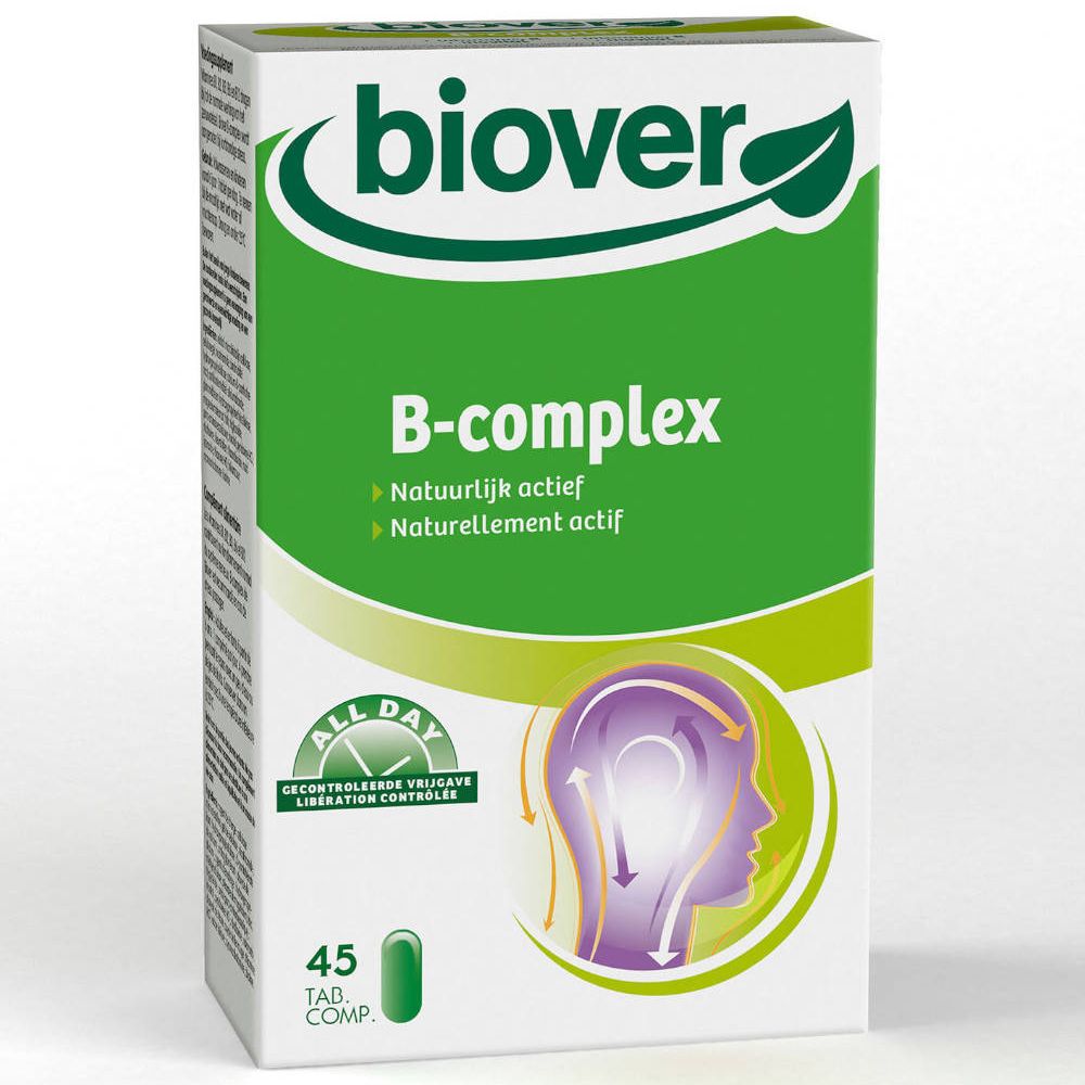 Boîte de Biover B-Komplex. Emballage vert et blanc avec nom et logo. Contient 45 comprimés.