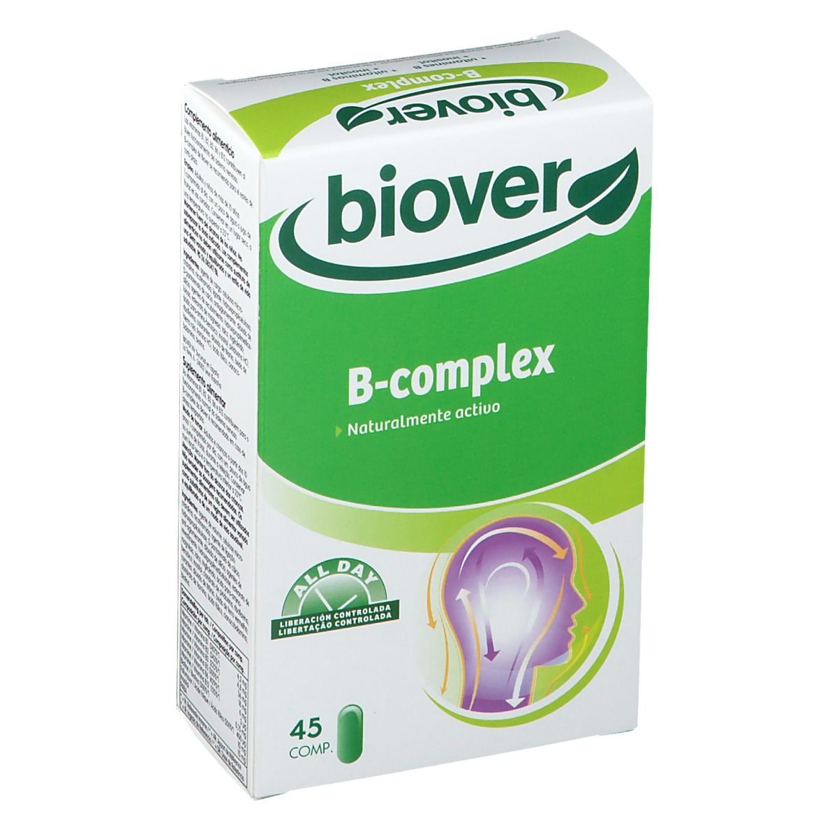 Boîte Biover B-Komplex. Emballage vert et blanc avec nom et logo. Contient 45 comprimés.