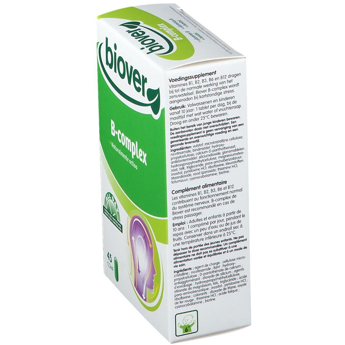 Boîte Biover B-Komplex. Emballage vert et blanc avec nom et logo. Contient 45 comprimés.