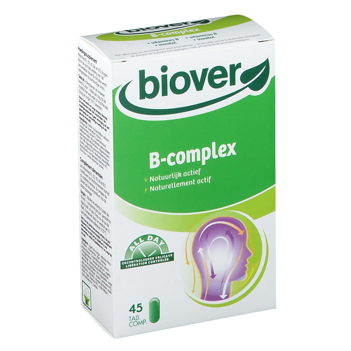 Boîte Biover B-Komplex. Emballage vert et blanc avec nom et logo. Contient 45 comprimés.