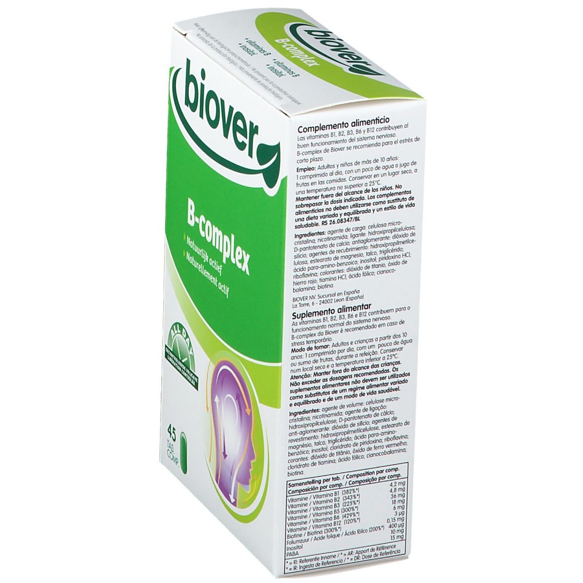 Boîte Biover B-Komplex. Emballage vert et blanc avec nom et logo. Contient 45 comprimés.