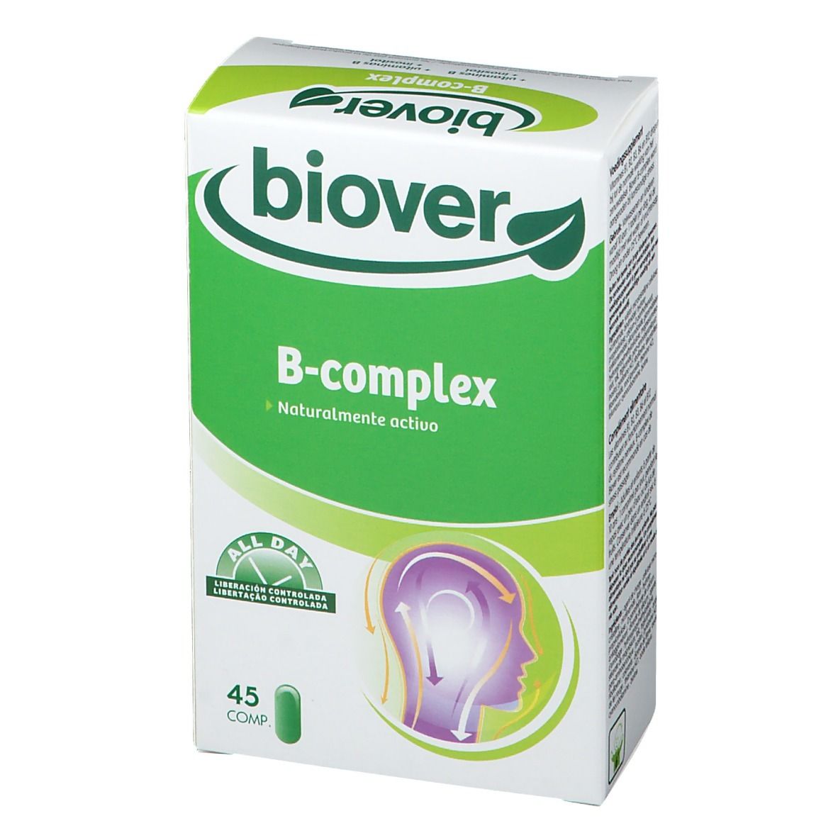Boîte Biover B-Komplex. Emballage vert et blanc avec nom et logo. Contient 45 comprimés.