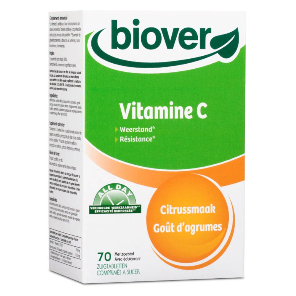 Biover Vitamine C zuigtabletten. Verpakking met 70 tabletten. Smaak: citrus. Groen-witte verpakking met logo en productnaam.