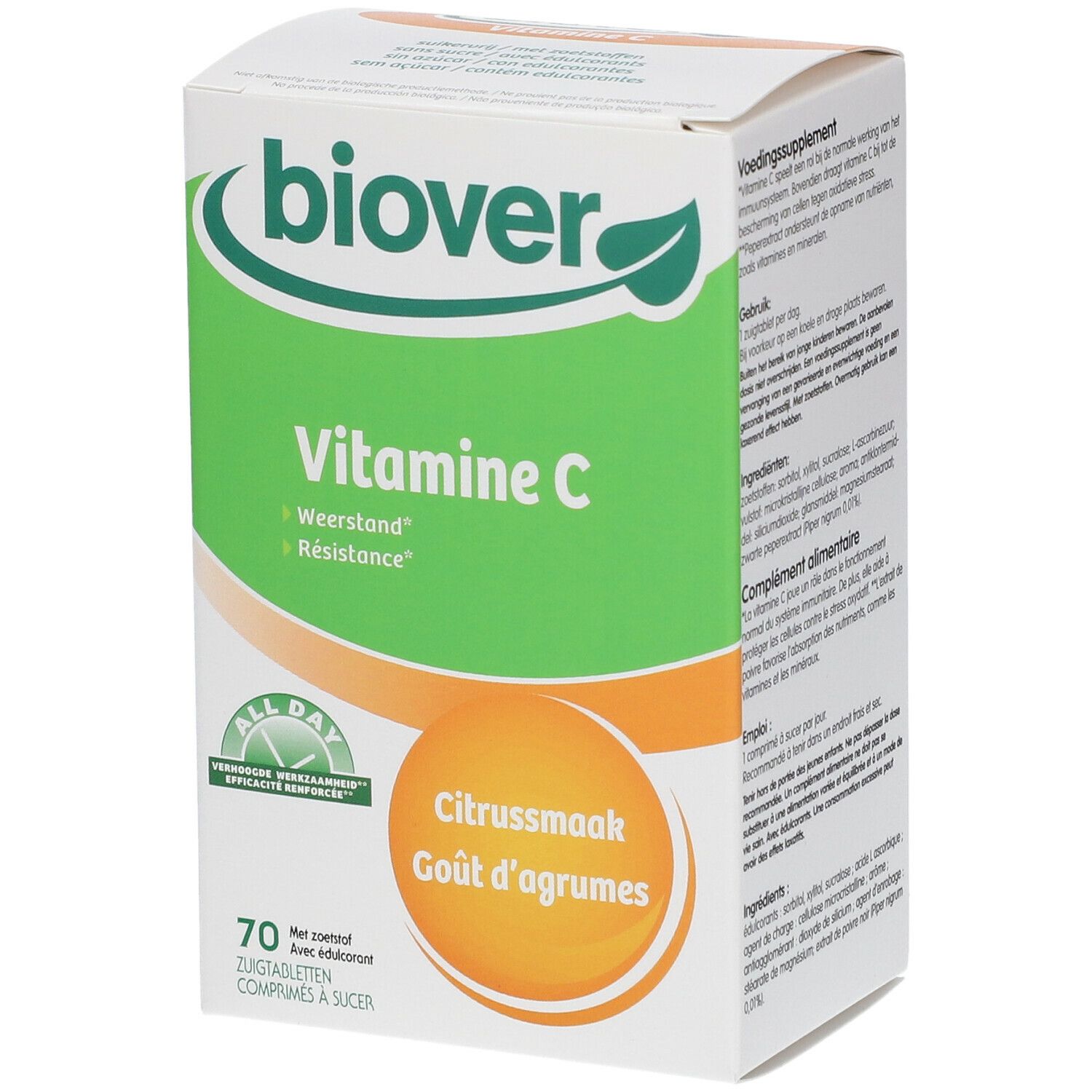 Biover Vitamine C zuigtabletten. Verpakking met 70 tabletten. Smaak: citrus. Groen-witte verpakking met logo en productnaam.