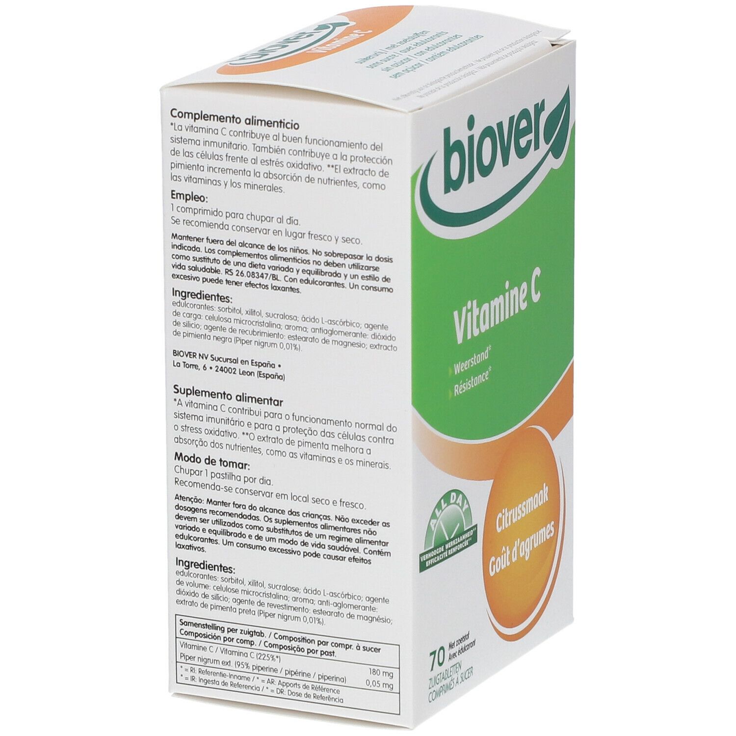 Biover Vitamine C zuigtabletten. Verpakking met 70 tabletten. Smaak: citrus. Verpakking met productinformatie en ingrediënten.