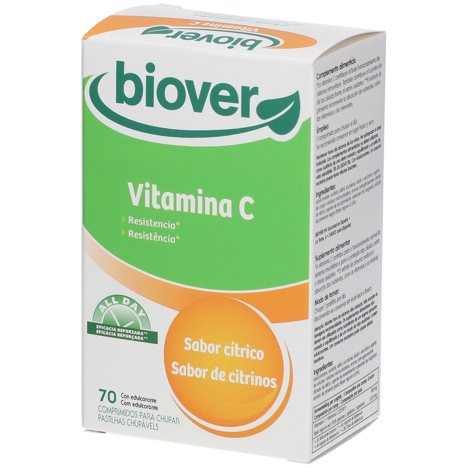 Biover Vitamine C zuigtabletten. Verpakking met 70 tabletten. Smaak: citrus. Groen-witte verpakking met logo en productnaam.