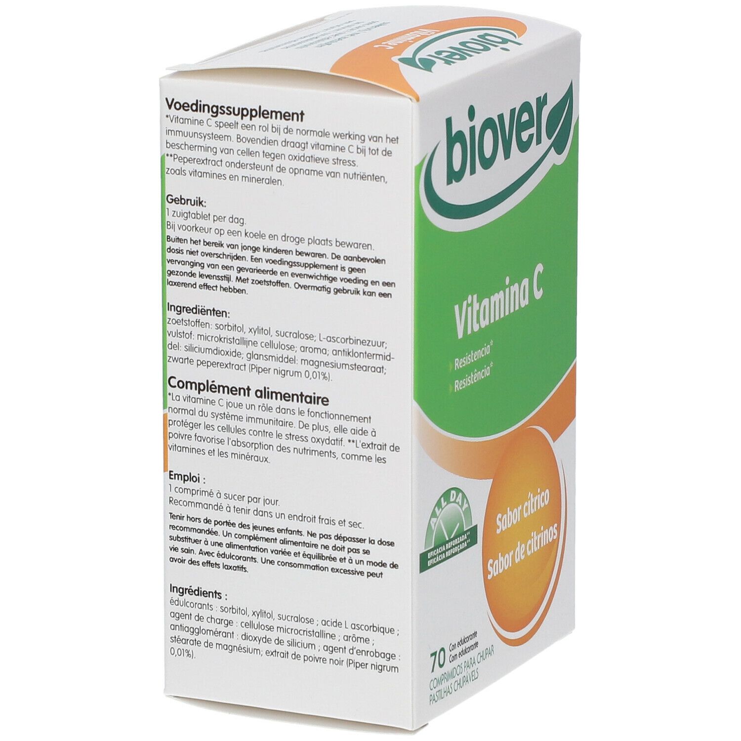 Biover Vitamine C zuigtabletten. Verpakking met 70 tabletten. Smaak: citrus. Verpakking met productinformatie en ingrediënten.