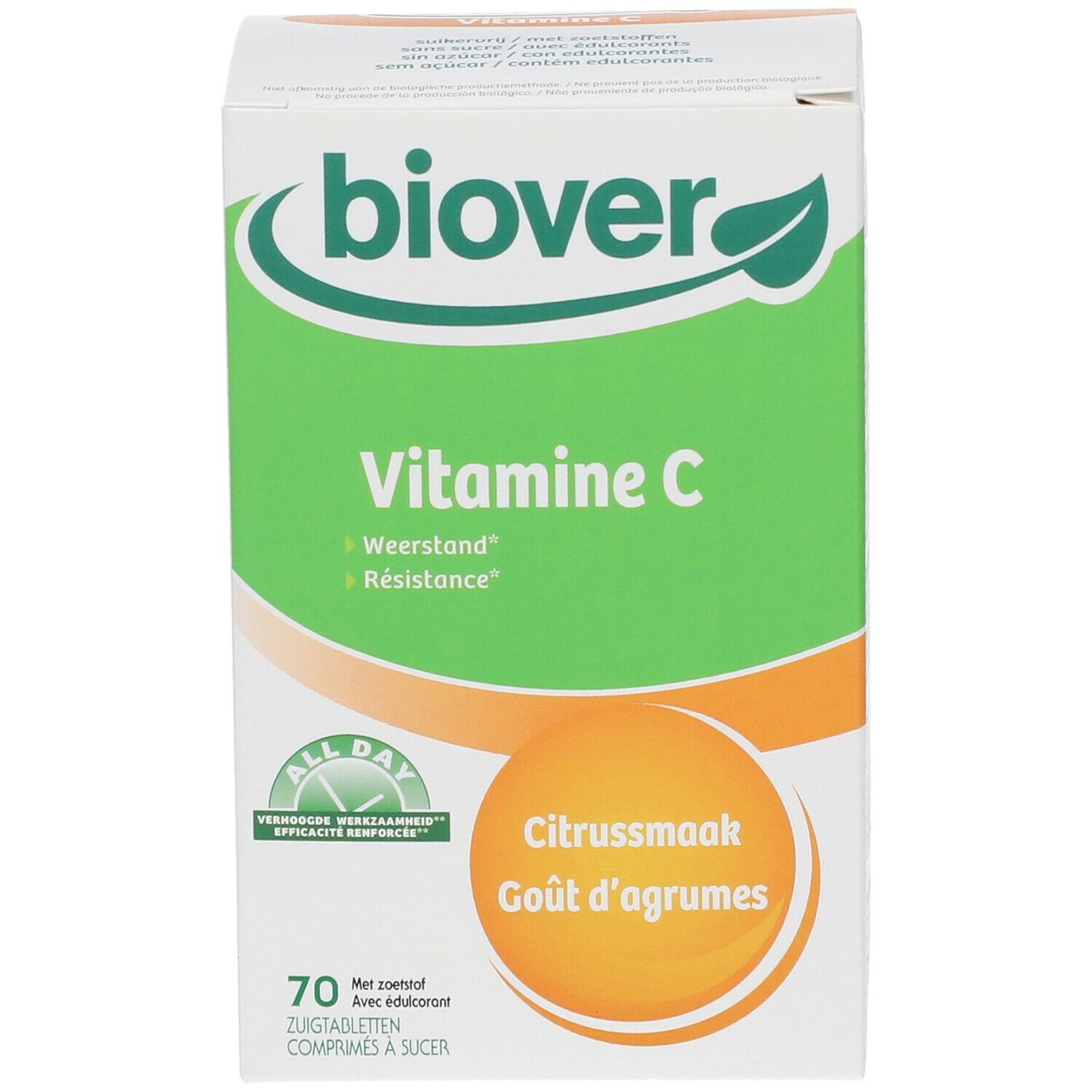 Biover Vitamine C zuigtabletten. Verpakking met 70 tabletten. Smaak: citrus. Verpakking met productinformatie en ingrediënten.