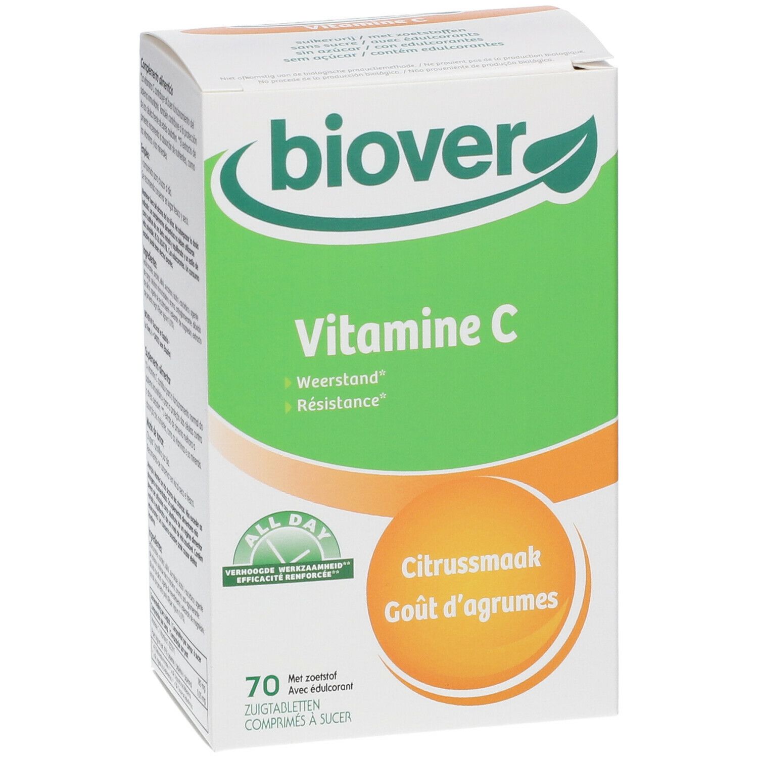 Biover Vitamine C zuigtabletten. Verpakking met 70 tabletten. Smaak: citrus. Groen-witte verpakking met logo en productnaam.