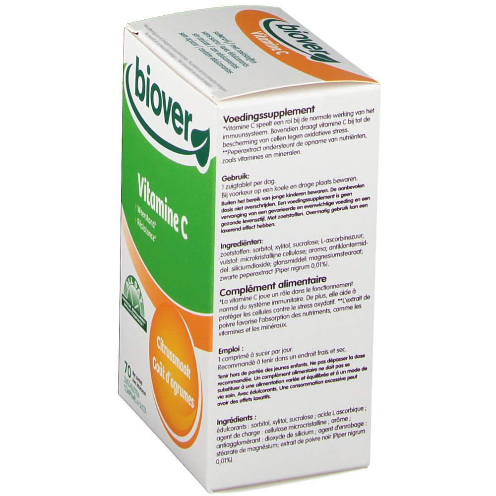 Biover Vitamine C zuigtabletten. Verpakking met 70 tabletten. Smaak: citrus. Verpakking met productinformatie en ingrediënten.