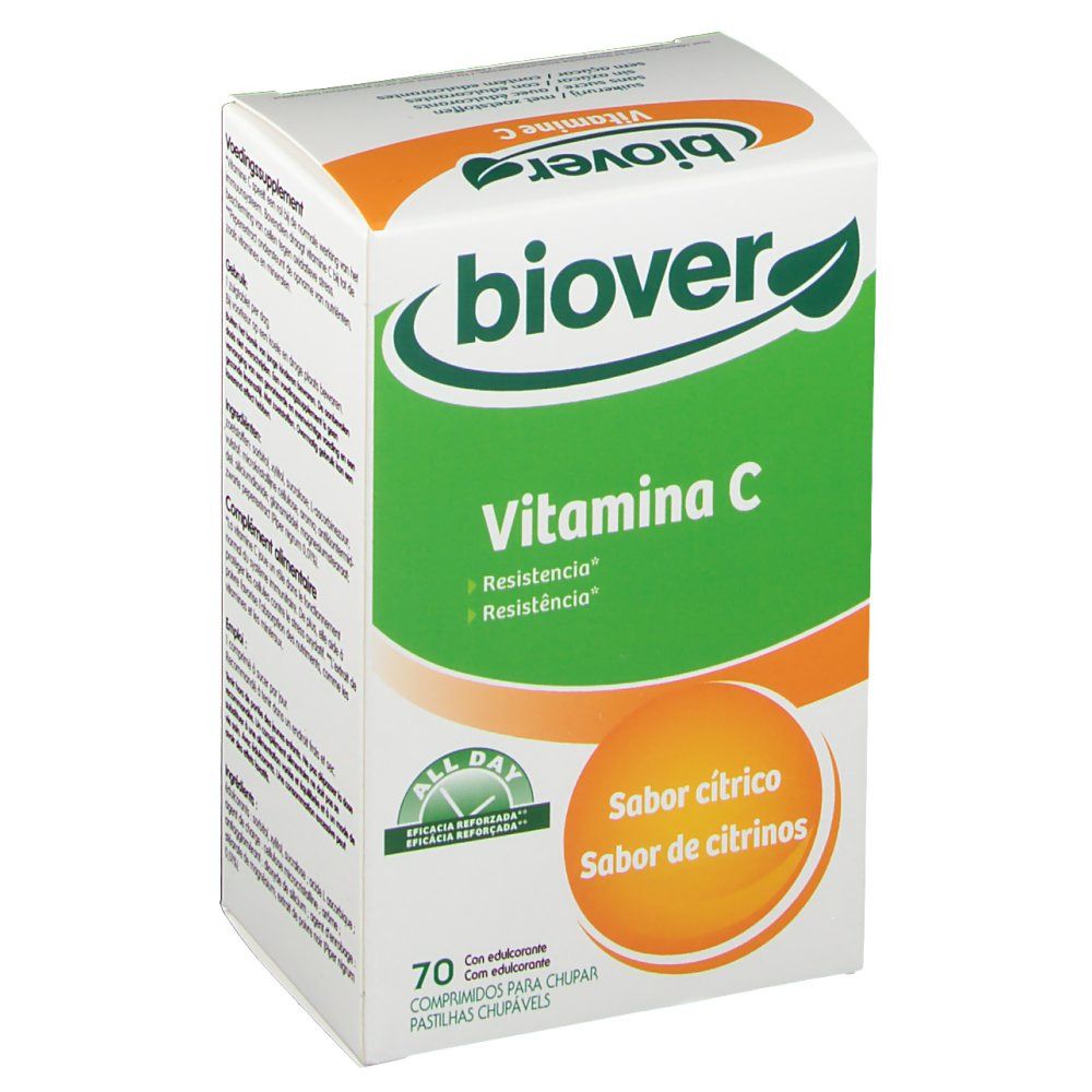 Biover Vitamine C zuigtabletten. Verpakking met 70 tabletten. Smaak: citrus. Groen-witte verpakking met logo en productnaam.