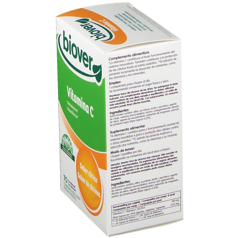 Biover Vitamine C zuigtabletten. Verpakking met 70 tabletten. Smaak: citrus. Verpakking met productinformatie en ingrediënten.