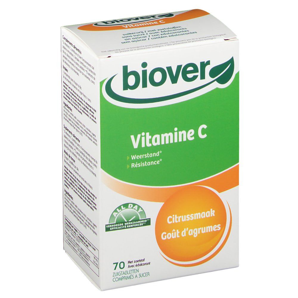 Biover Vitamine C zuigtabletten. Verpakking met 70 tabletten. Smaak: citrus. Groen-witte verpakking met logo en productnaam.