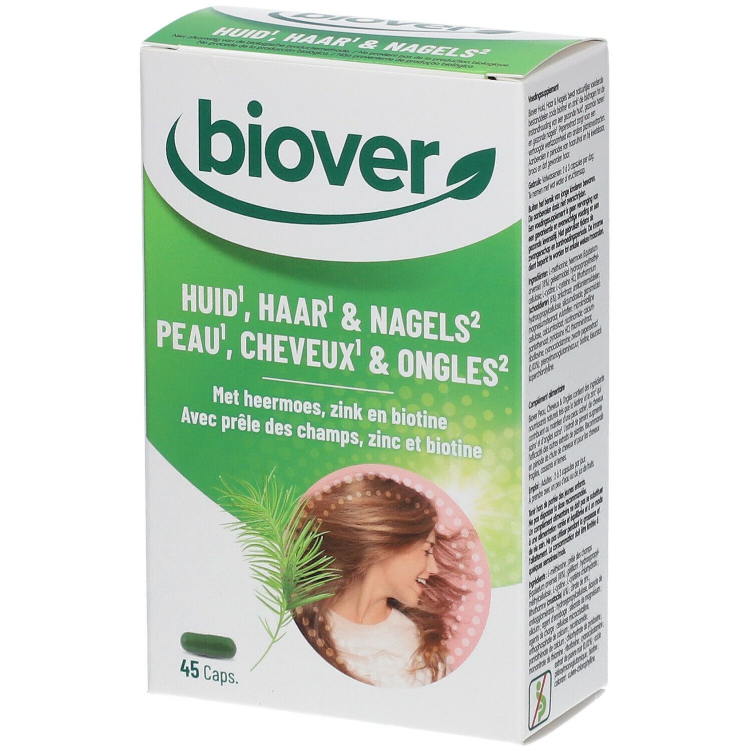 Boîte Biover. Inscription: Huid, haar & nagels, Peau, cheveux & ongles. 45 capsules. Avec zinc, biotine et prêle des champs.