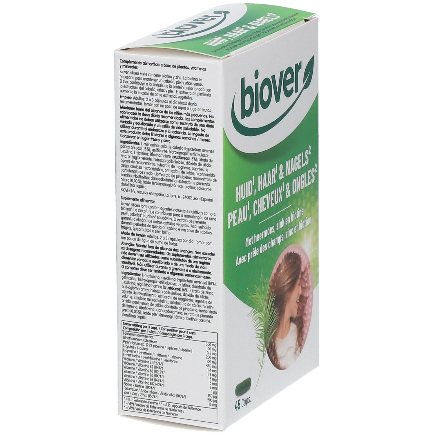 Boîte Biover. Inscription: Huid, haar & nagels, Peau, cheveux & ongles. 45 capsules. Avec zinc, biotine et prêle des champs.