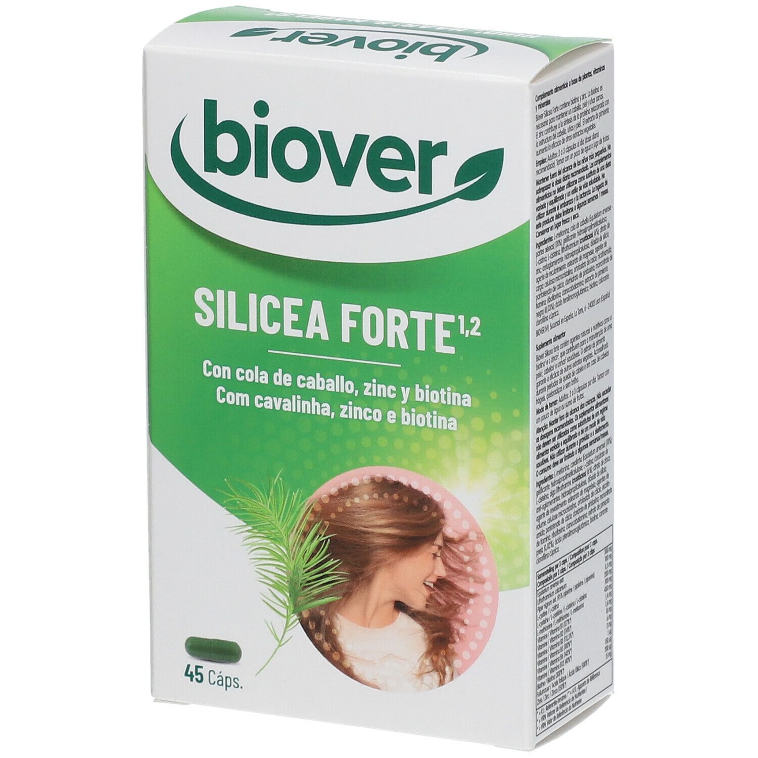 Boîte Biover. Inscription: Silicea Forte. Avec zinc, biotine et prêle des champs. 45 capsules. Informations produit.