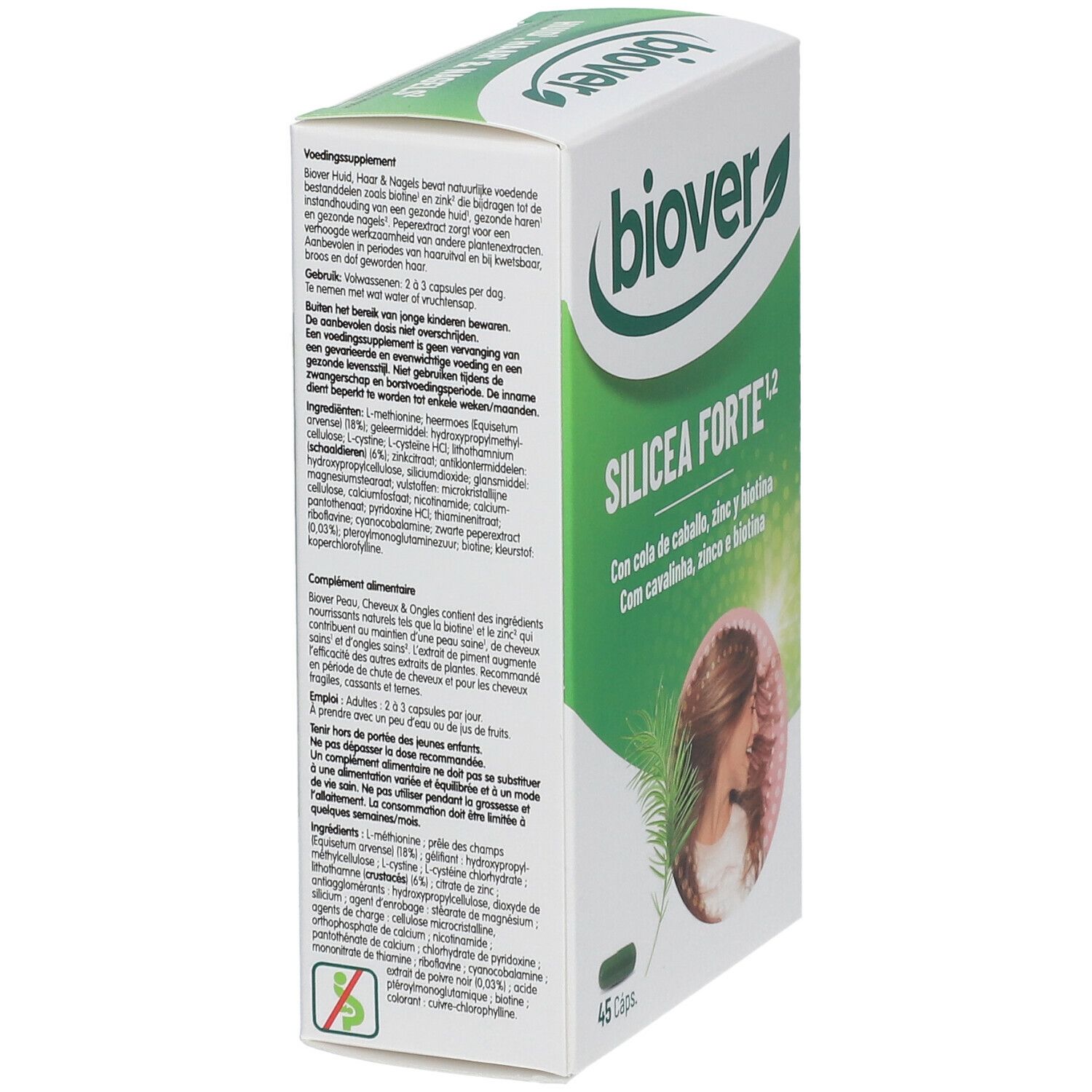 Boîte Biover. Inscription: Silicea Forte. Avec zinc, biotine et prêle des champs. 45 capsules. Informations produit.
