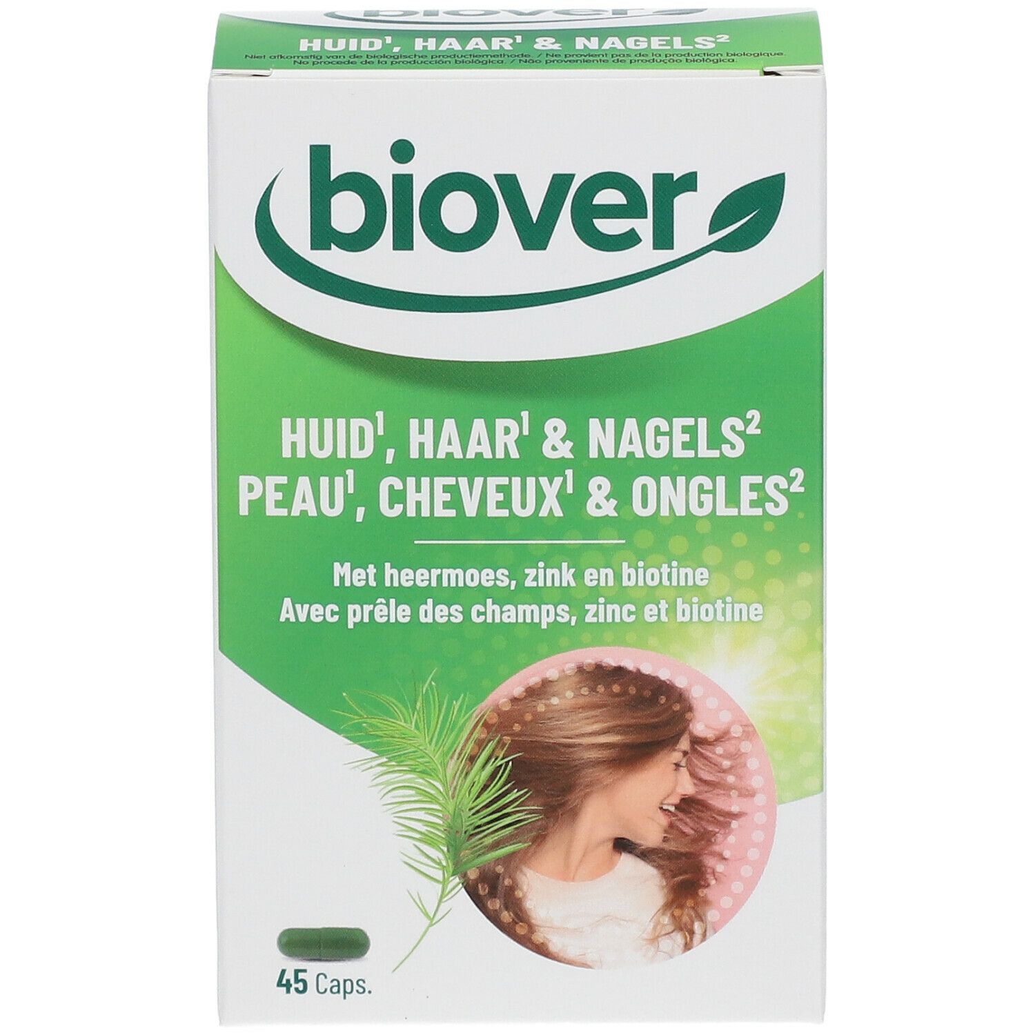Boîte Biover. Inscription: Huid, haar & nagels, Peau, cheveux & ongles. 45 capsules. Avec zinc, biotine et prêle des champs.