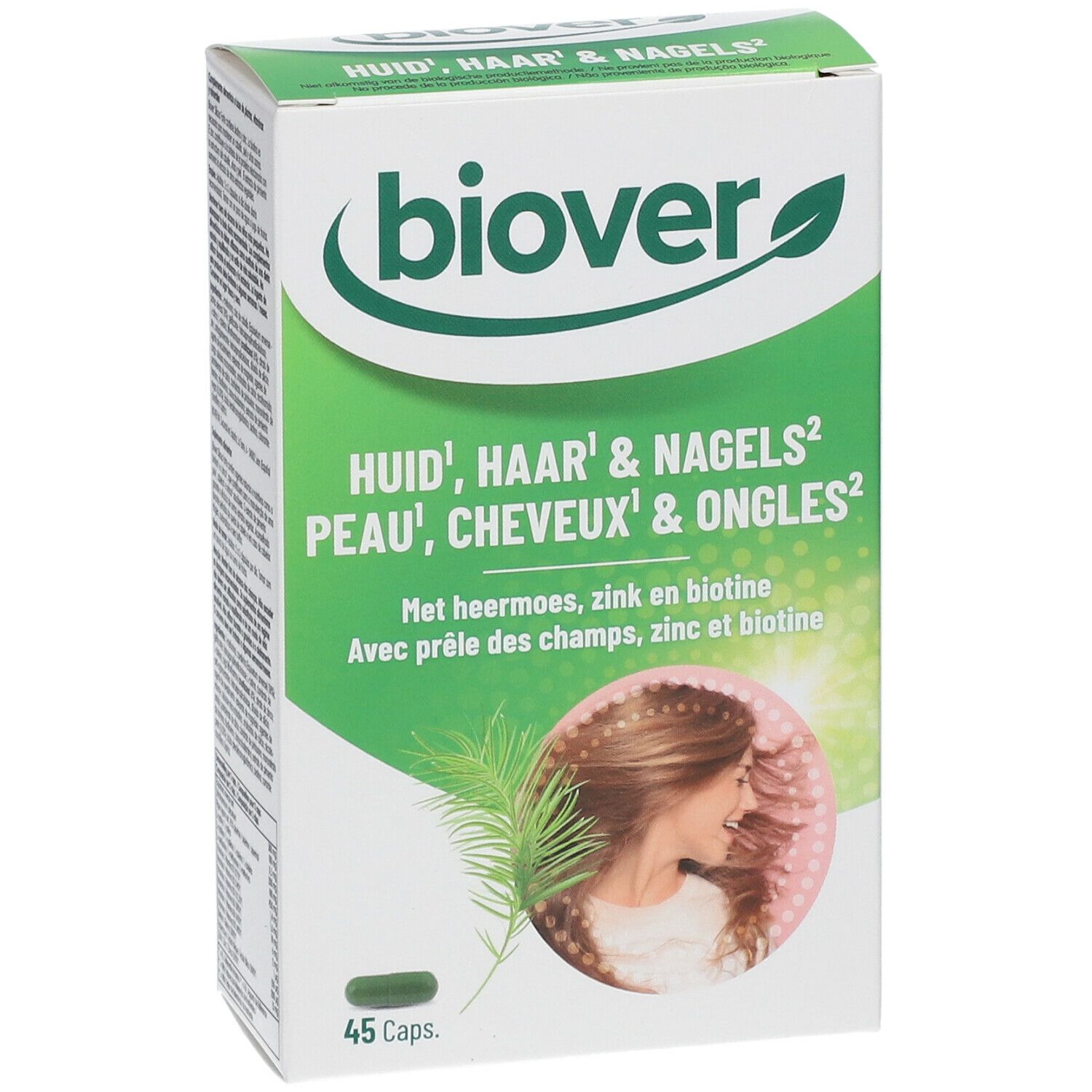 Boîte Biover. Inscription: Huid, haar & nagels, Peau, cheveux & ongles. 45 capsules. Avec zinc, biotine et prêle des champs.