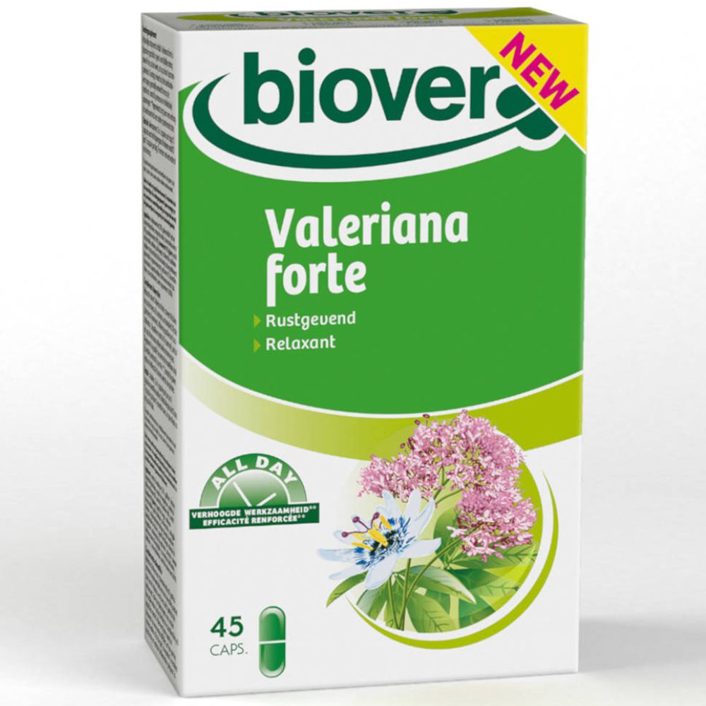 Boîte "Biover Valeriana Forte". Emballage vert et blanc avec nom du produit et illustration florale. 45 gélules.