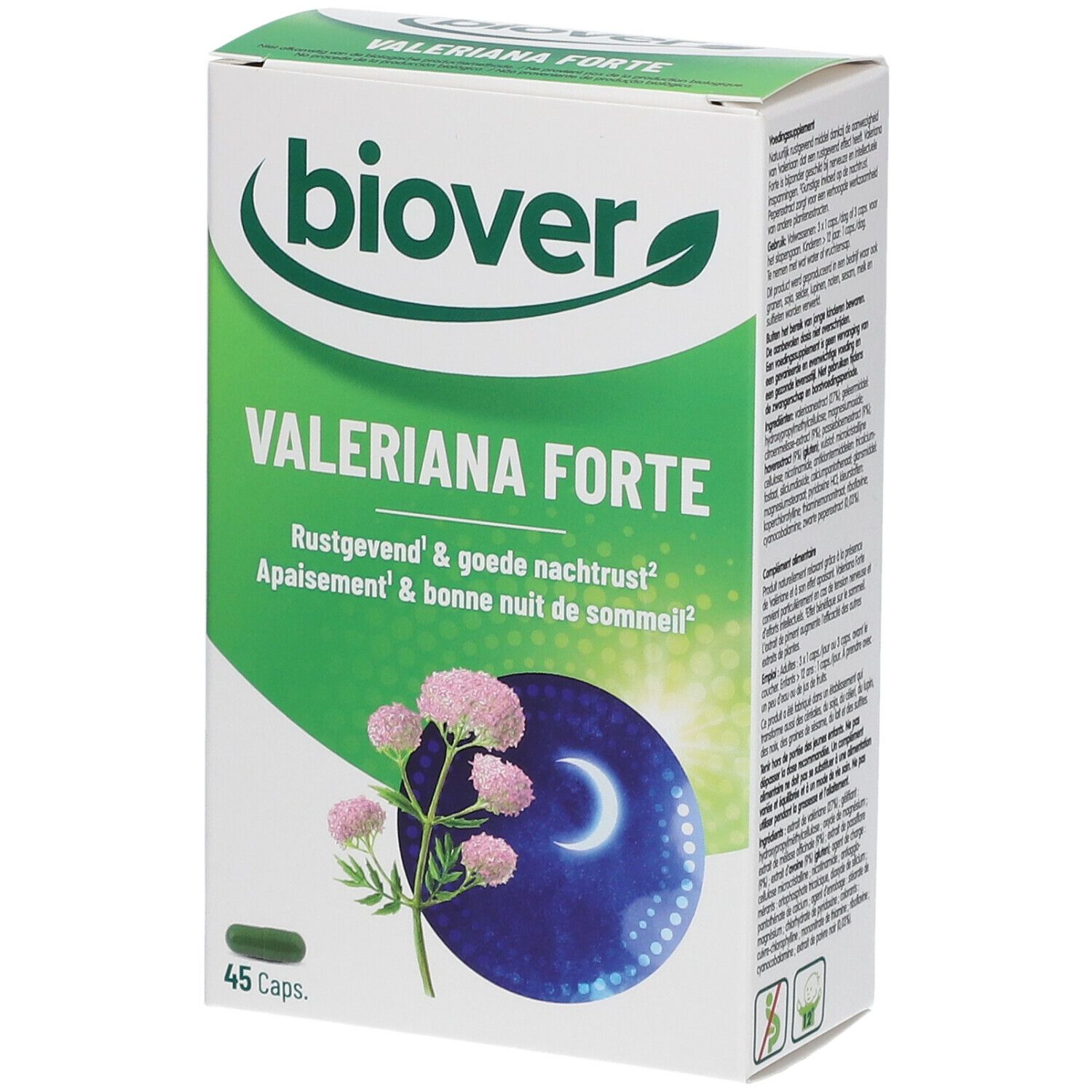 Emballage "Biover Valeriana Forte". Boîte verte et blanche avec nom du produit et illustration florale. 45 gélules.