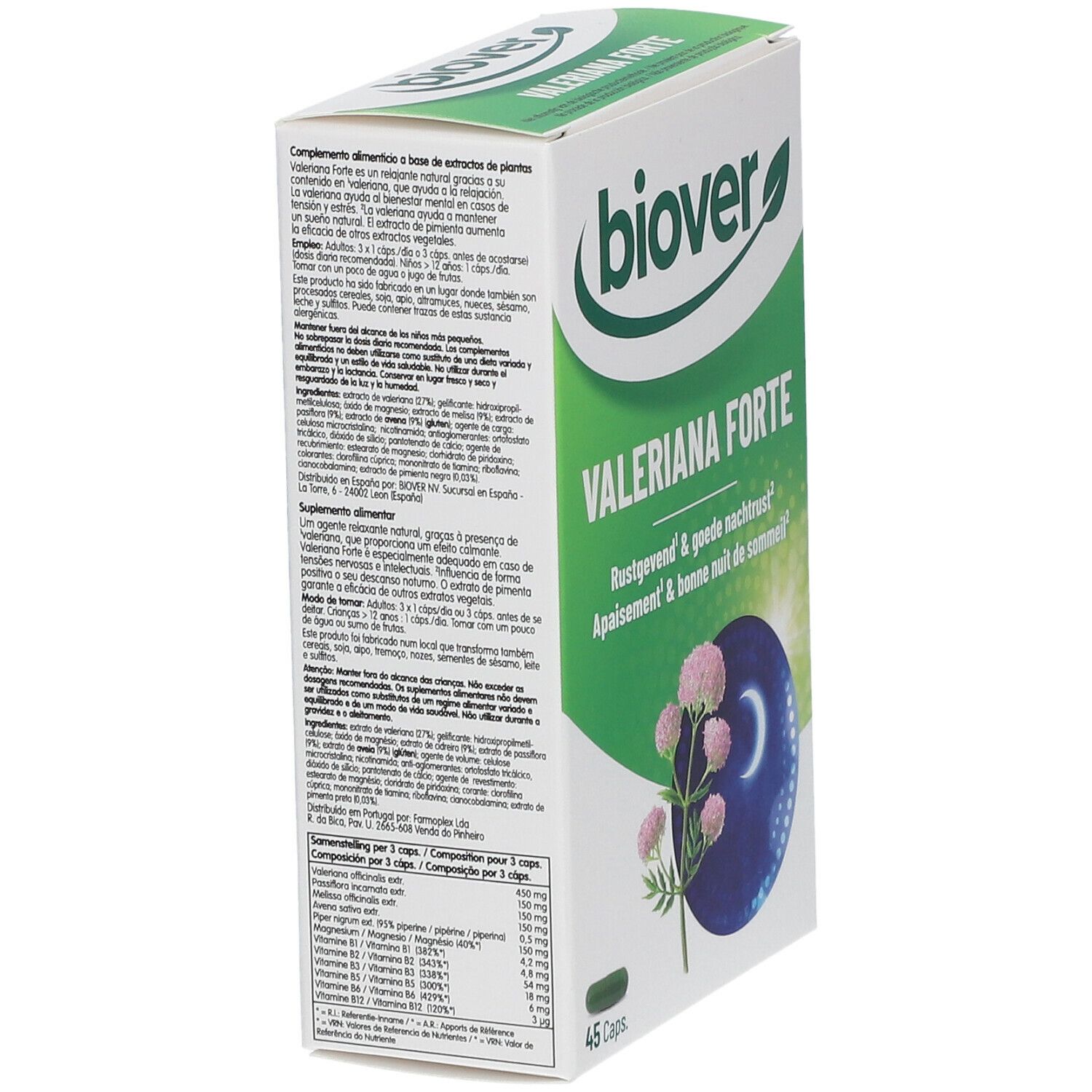 Emballage "Biover Valeriana Forte". Boîte verte et blanche avec nom du produit et illustration florale. 45 gélules.