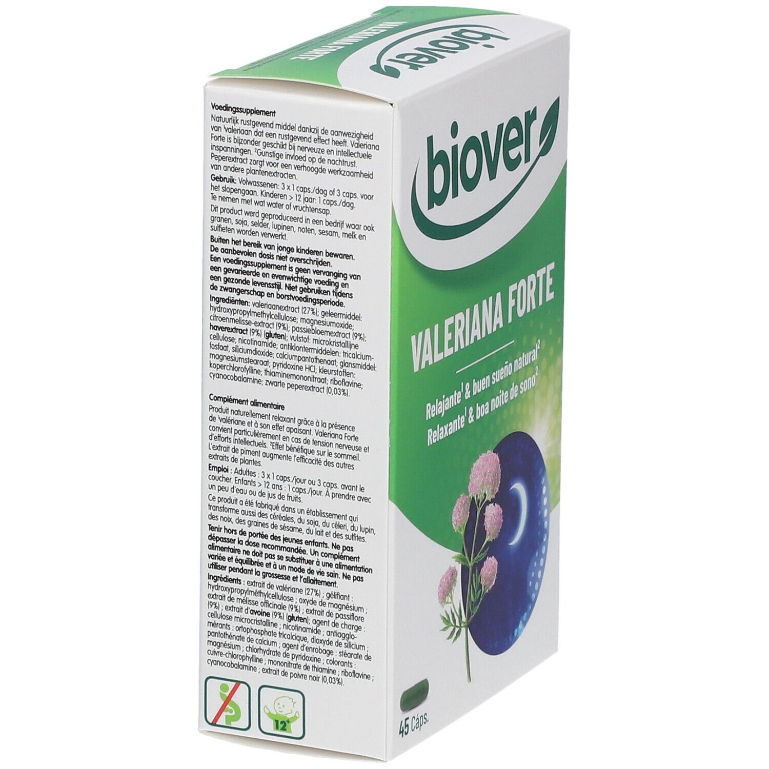 Emballage "Biover Valeriana Forte". Boîte verte et blanche avec nom du produit et illustration florale. 45 gélules.
