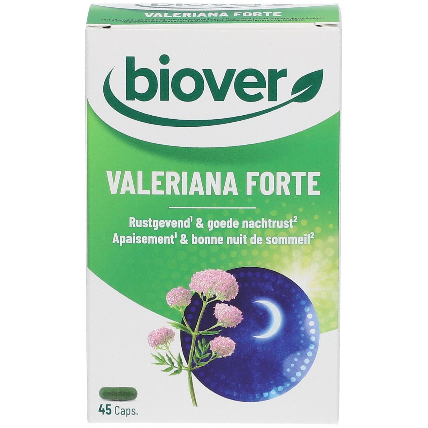 Emballage "Biover Valeriana Forte". Boîte verte et blanche avec nom du produit et illustration florale. 45 gélules.