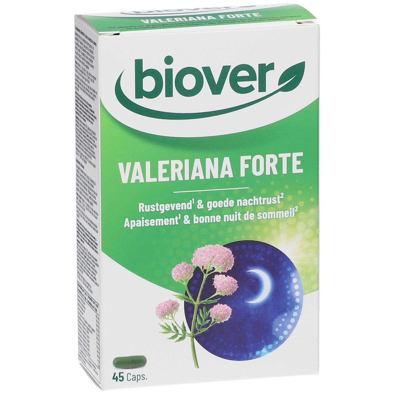 Emballage "Biover Valeriana Forte". Boîte verte et blanche avec nom du produit et illustration florale. 45 gélules.
